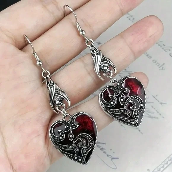 Elegant Silver and Red Heart Earrings - Picture 4 of 6